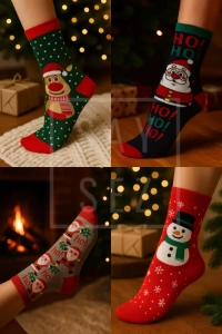 Unisex Yılbaşı Desenli 4'lü Paket Renkli Soket Çorap Christmas Happy New Year